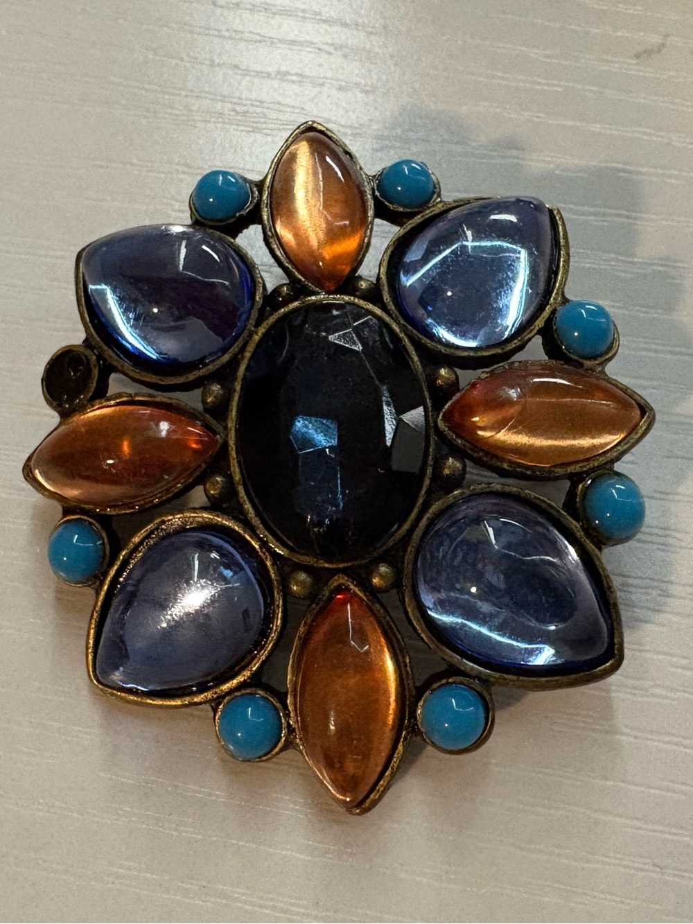 Vintage Blue, Orange, and Turquoise Rhinestone Brooch